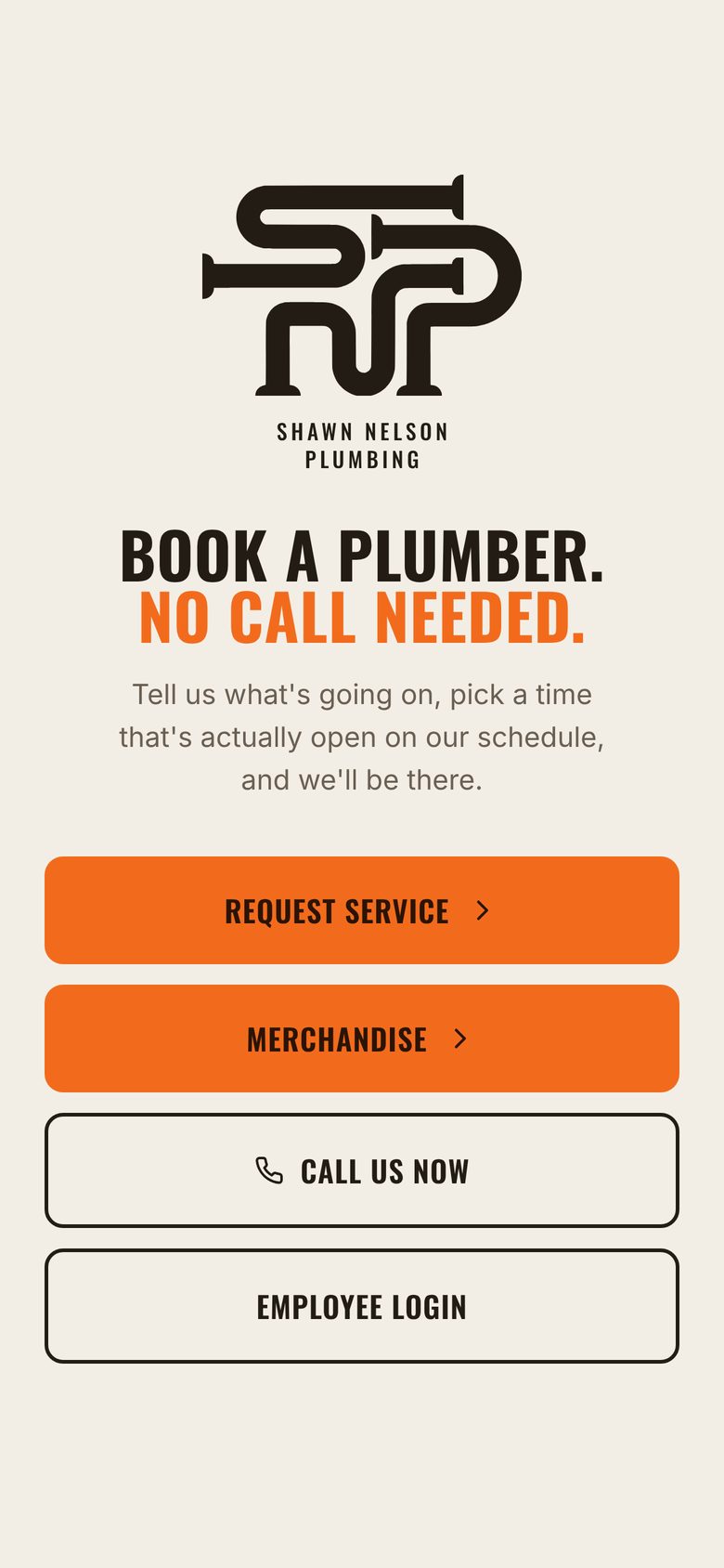 SNP Plumbing app, step 1: No account needed