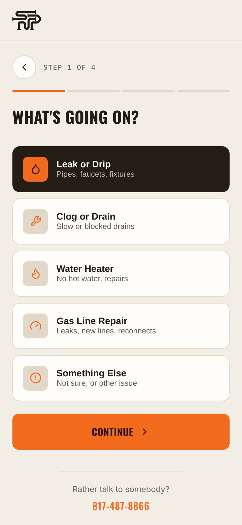 SNP Plumbing app, step 2: Tell us what broke