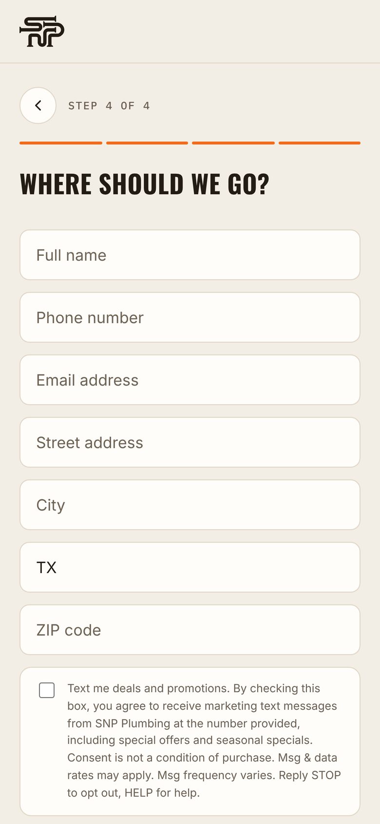 SNP Plumbing app, step 5: We come to you