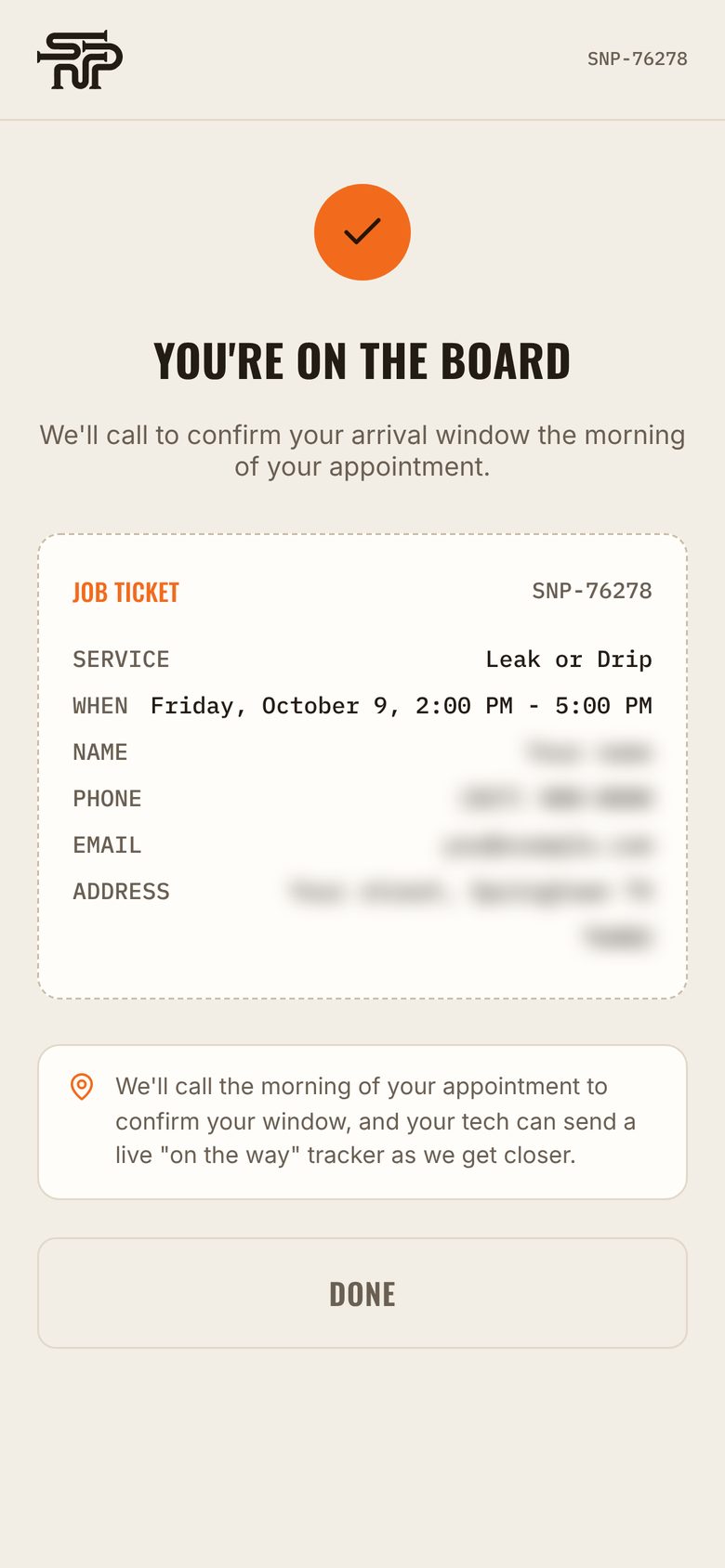 SNP Plumbing app, step 6: You are booked